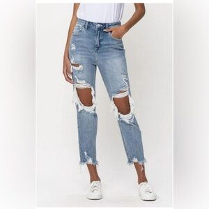 Cello High Rise Straight Leg Destroyed Ankle Length Jeans With Distressed Hem